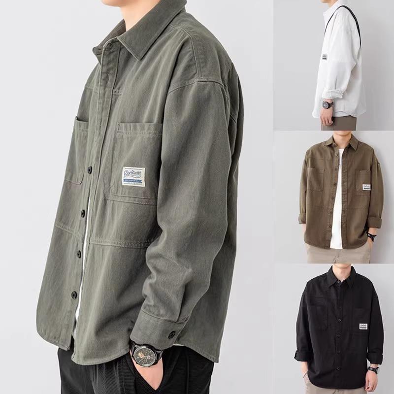 シャツ メンズ 男性用 トップス 春秋 日本製 レトロ 綿麻 長袖 カーディガン ジャケット ワークウェア風 立襟 無地 ルーズフィット カジュアルスタイル ブラック カーキ グリーン