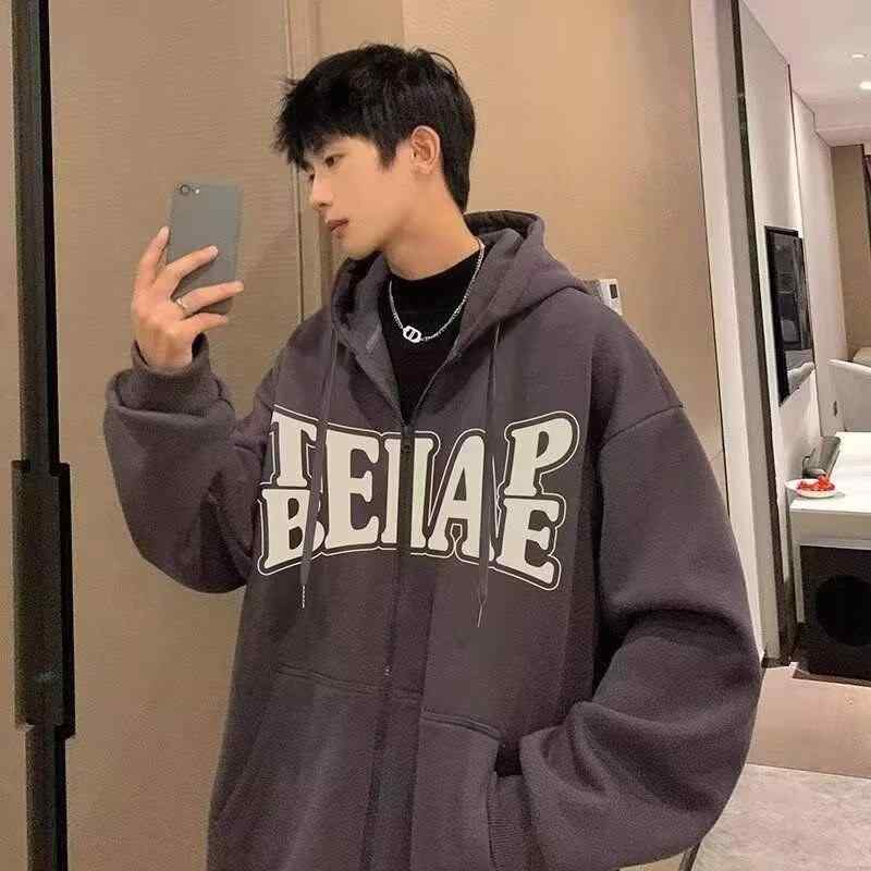 ジャケット メンズ 秋冬 スウェット カーディガン フーディ ライトアウター ルーズ ポリエステル プリント 深グレー アプリコット・スタイル: ストリート・対象: ・種類: カーディガン・袖丈: 長袖・フード: 有り・前立て: ジッパー・...