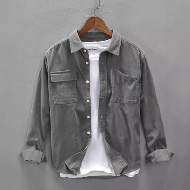 シャツ メンズ 男性用 コーデュロイ ワークシャツ 長袖 カジュアルシャツ 耐摩耗性 耐汚 浅グレー 深グレー 浅黄色 コーヒー色 浅緑 白 秋