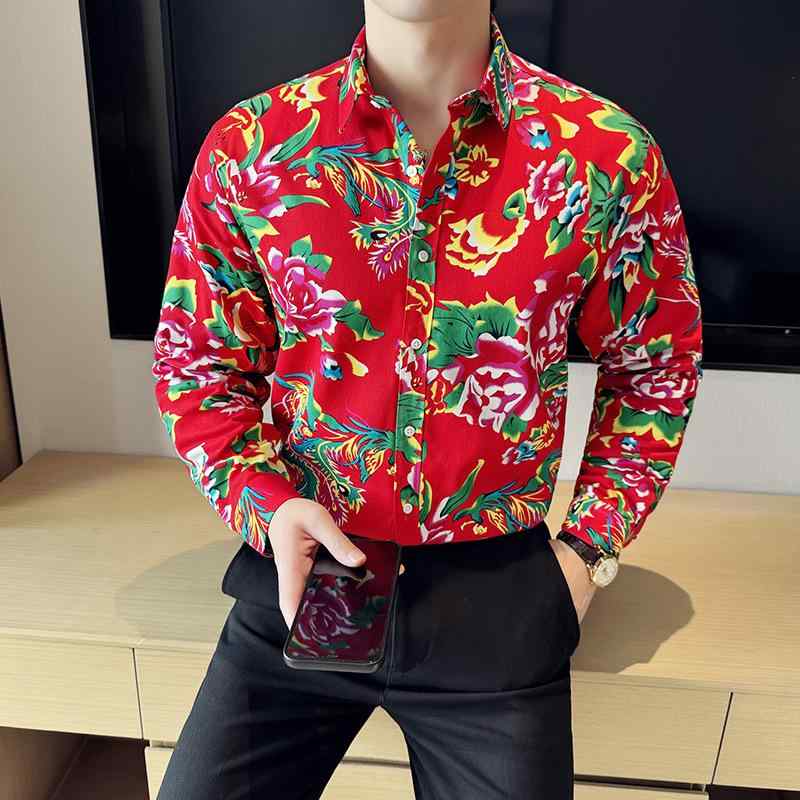 シャツ メンズ 男性用 長袖 チャイナ風 牡丹 花柄 トップス アクリル混紡 カジュアル 赤 黒 M L XL 2XL 3XL 4XL 5XL・カテゴリ: シャツ・風・対象: 若者・素材: 化学繊維混紡.アクリル51～70%・ネックライン: スタンドカラー・袖丈: 長袖・柄: 花柄・タイプ: プルオーバー・・フィット: レギュラー・色: レッド.ブラック・サイズ: M.L.XL.2XL.3XL.4XL.5XL・対象: メンズ・シーン: カジュアル・工艺: 防しわ加工