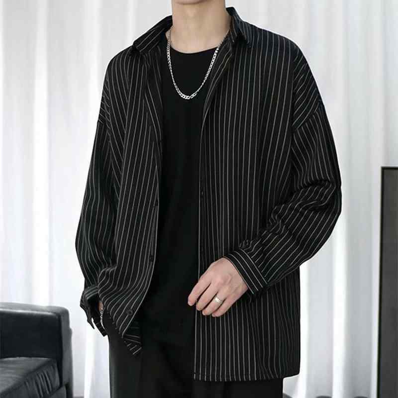 シャツ メンズ 長袖 ストライプ柄 トップス カジュアル 男性用 形態安定 秋物 黒 白 M L XL XXL