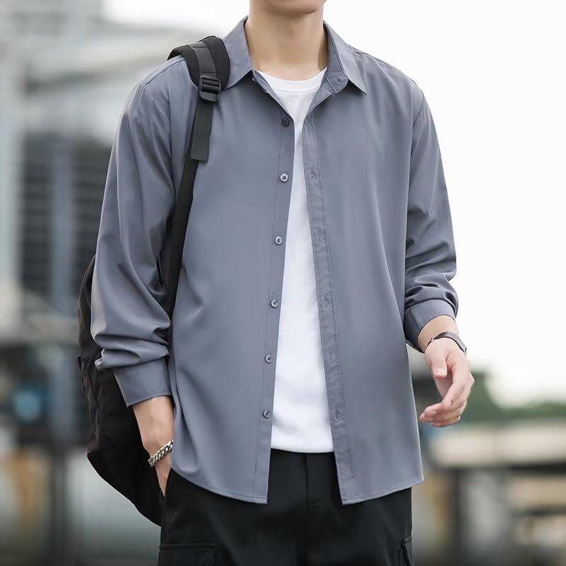 シャツ メンズ 長袖 20代 30代 春秋 ルーズ カジュアル 無地 ポリエステル トップス ライトアウター グレー 灰ブルー ブラック 黒 水色 カーキ グリーン 緑 ホワイト 白