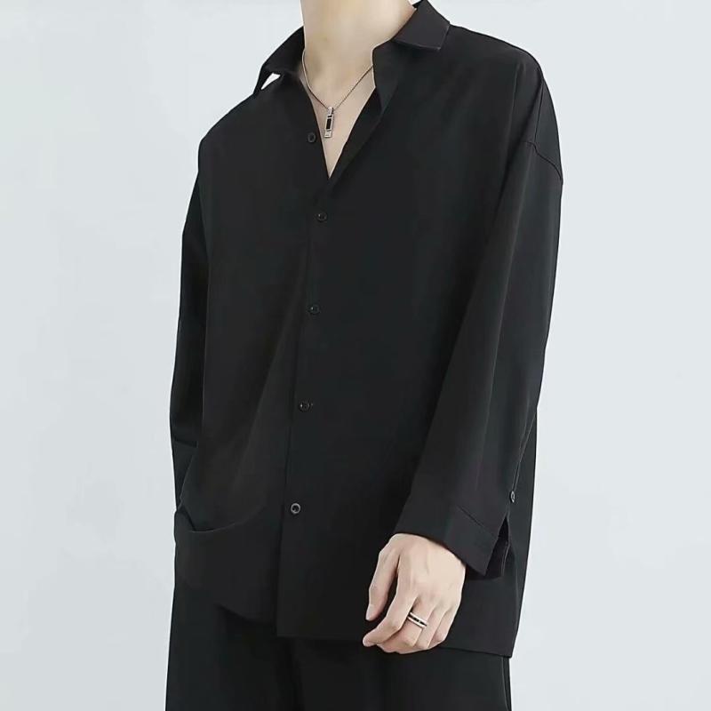 シャツ メンズ 男性用 トップス 長袖 春秋 ポリエステル 混紡 宽松 カジュアル 無地 ホワイト ブラック グレー