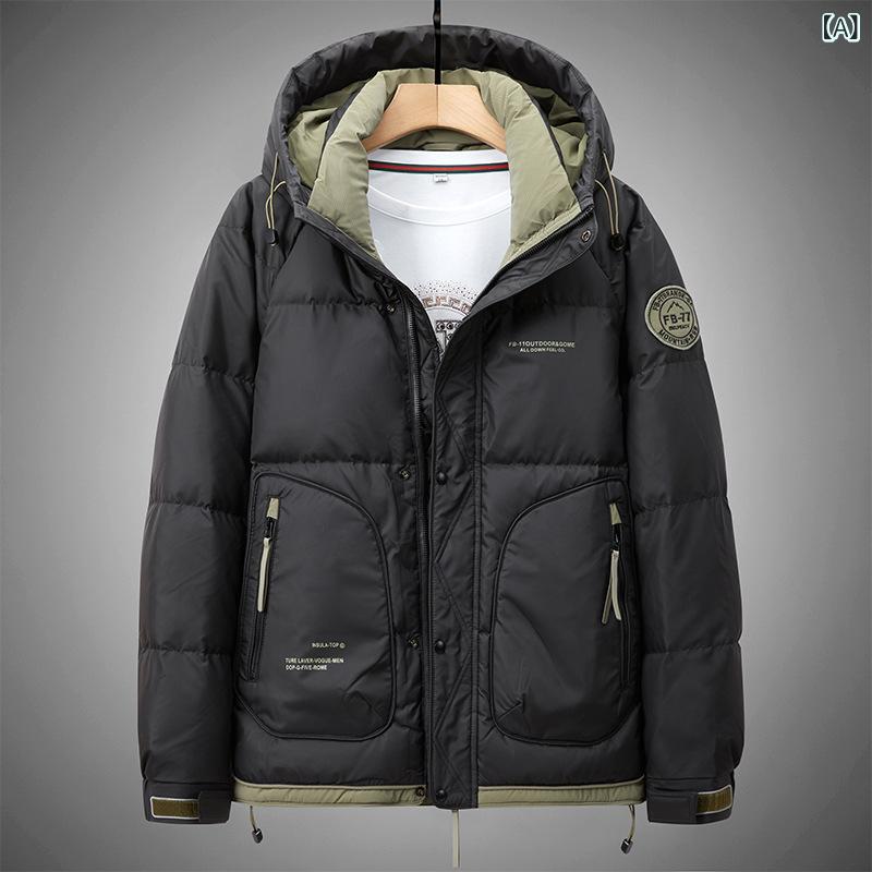 ダウンジャケット メンズ 男性用 冬季 防寒 暖かい 白ダックダウン 厚手 フード付き アウター リブ裾 普段使い 休闲 ポリエステル 黒 ブラック 緑 グリーン