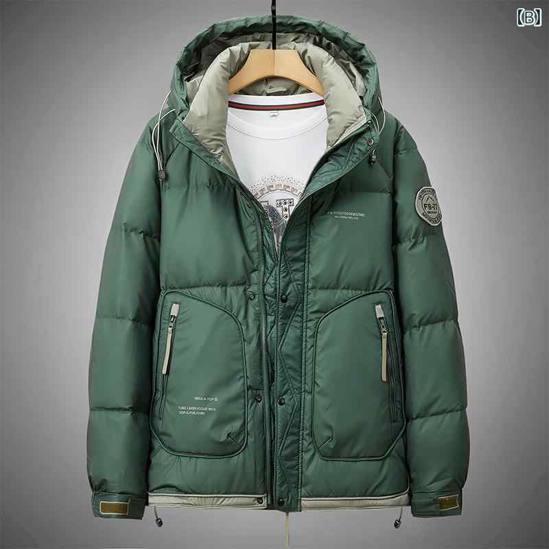 ダウンジャケット メンズ 男性用 冬季 防寒 暖かい 白ダックダウン 厚手 フード付き アウター リブ裾 普段使い 休闲 ポリエステル 黒 ブラック 緑 グリーン