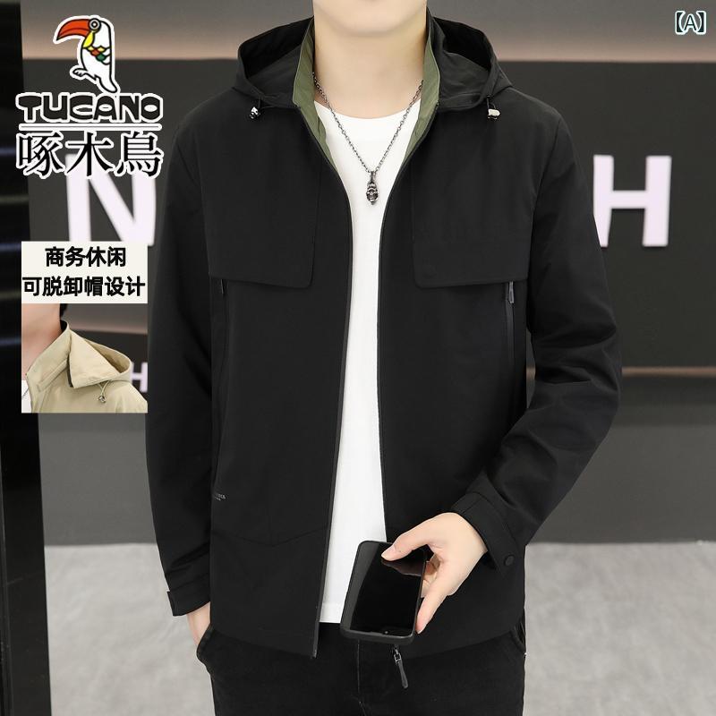 ジャケット メンズ 男性用 薄手 春秋 ビジネス カジュアル フード付き 立ち襟 ポリ...