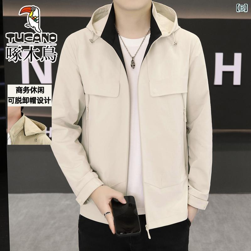 ジャケット メンズ 男性用 薄手 春秋 ビジネス カジュアル フード付き 立ち襟 ポリ...