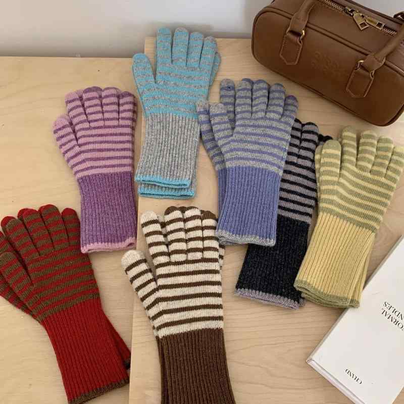 手袋 レディース 秋冬 スマートフォン対応 ストライプ柄 防寒 グローブ 女性用 アウトドア 混紡 分指手袋 小物 かわいい あったか プレゼント