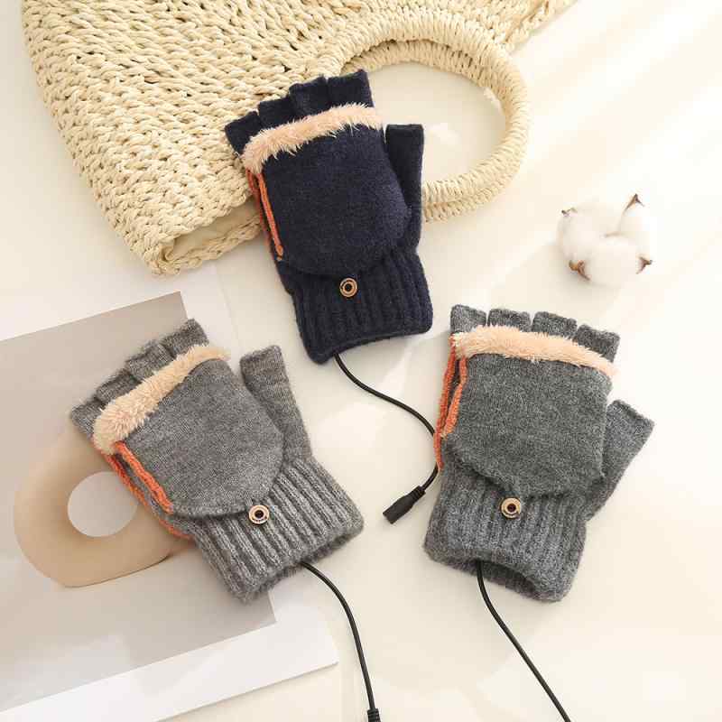 手袋 メンズ USB加熱手袋 ニット手袋 指なし手袋 フリップカバー付き 厚手 裏起毛 暖か 秋冬 防寒 普段使い ダークグレー ライトグレー ブラック(x3)