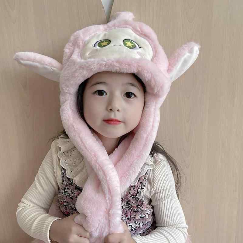 帽子 キッズ ベビー ニット帽 マフラー 一体型 耳付き かわいい 男の子 女の子 子供用 秋冬 防寒 暖かい ピンク イエロー レッド ブラック パープル(x2)