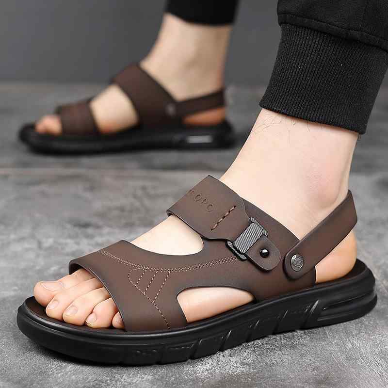 サンダル メンズ 革 牛革 ラウンドトゥ スリッポン 2WAY ビーチサンダル 普段使い 防水 滑り止め 厚底 ローヒール ブラック ブラウン 春夏