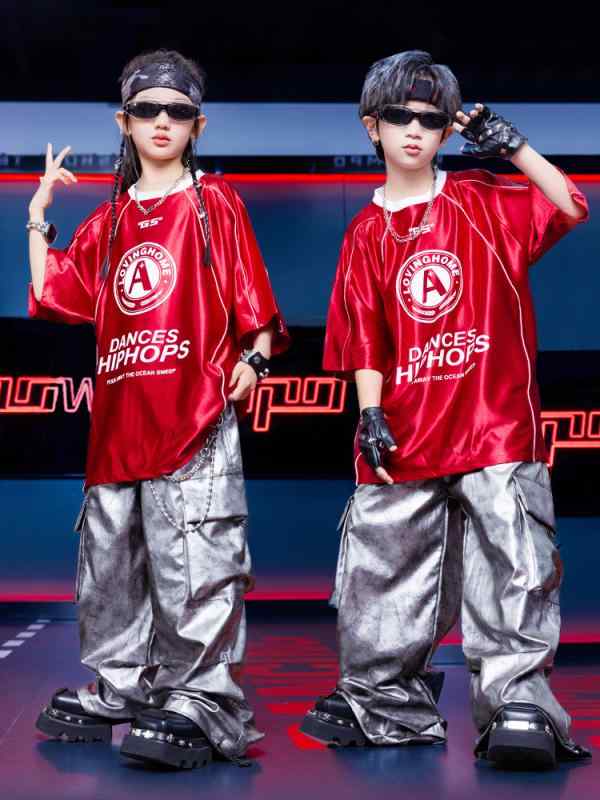 ダンス衣装 キッズ 子供服 ヒップホップ 上下セット 練習着 hiphop ダンスウェア 男の子 女の子 ガールズ ボーイズ 発表会 演出服 舞台用 普段着 レッスン着 トップス パンツ シルバー レッド 綿 春夏