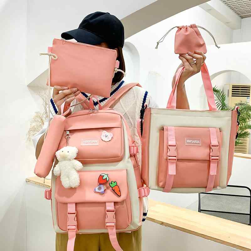 リュック レディース 大容量 中学生 高校生 スクールバッグ 5点セット 手提げ 塾バッグ 帆布 キャンバス 耐摩耗性 通学 普段使い かわいい 紫色 ブルー ブラック ピンク系