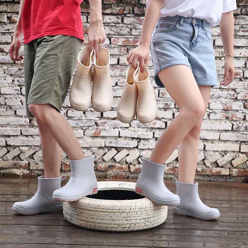 レインシューズ レディース メンズ 厚底 滑り止め 防水 厨房 ワークシューズ カップル 韓国 ブラック カーキ グレー(x2)