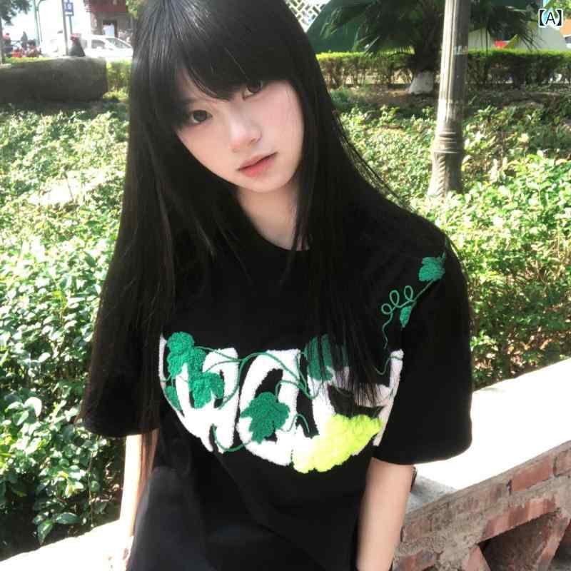 Tシャツ レディース メンズ 半袖 コットン ラウンドネック カットソー トップス ゆったり 刺繍 ブラック 夏 ストリート カジュアル