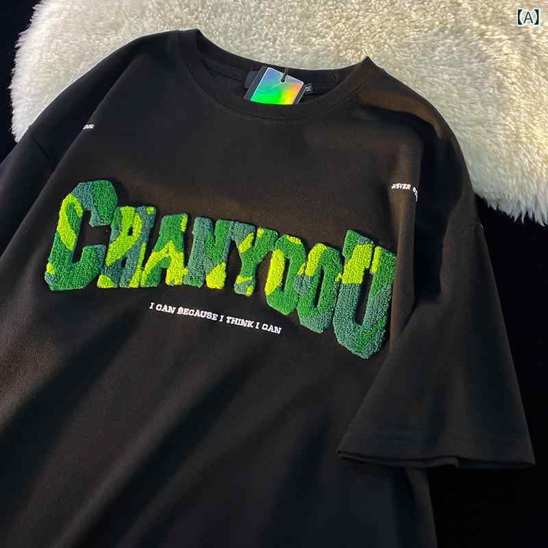 Tシャツ メンズ 男性用 半袖 カットソー アメリカン レトロ タオル 刺繍 クルーネック ルーズ ゆったり 春夏 綿 ブラック ホワイト