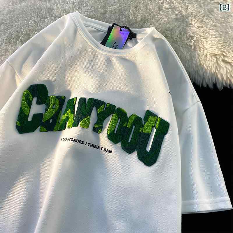 Tシャツ メンズ 男性用 半袖 カットソー アメリカン レトロ タオル 刺繍 クルーネック ルーズ ゆったり 春夏 綿 ブラック ホワイト