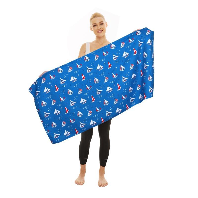ビーチタオル ブルー 帆船柄 マイクロファイバー 両面 吸水 速乾 バスタオル スポーツタオル(x2)