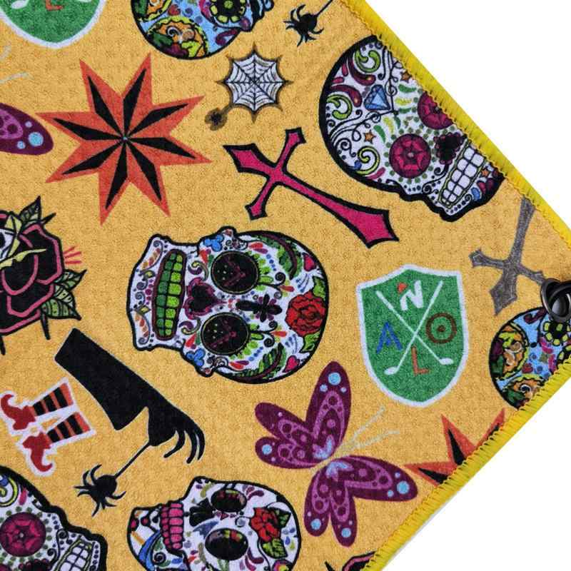 ゴルフ タオル 極細繊維 ワッフル チェック 片面プリント ハンギングバックル イエロー スポーツ