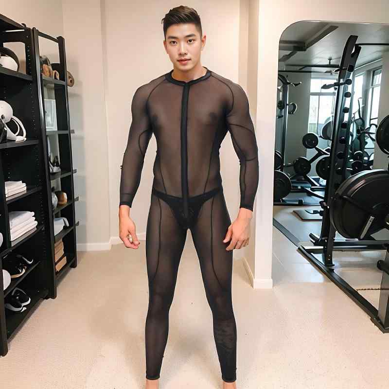 メンズ インナーシャツ 長袖 シースルー メッシュ 切り替え タイツ オールインワン ボディスーツ 黒