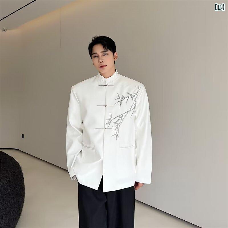 シャツ メンズ 男性用 トップス 春物 麻 刺繍 チャイナ風 国風 カジュアルシャツ 黒 白 M L XL 2XL 3XL 4XL