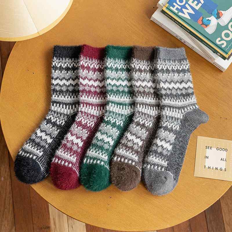 靴下 メンズ 男性用 中筒ソックス 波柄 ボーダー柄 模造ファーウール 厚手 防寒 あったか ポリエステル 秋冬 滑り止め 吸汗 摩擦防止 カジュアル 5色アソート(x2)