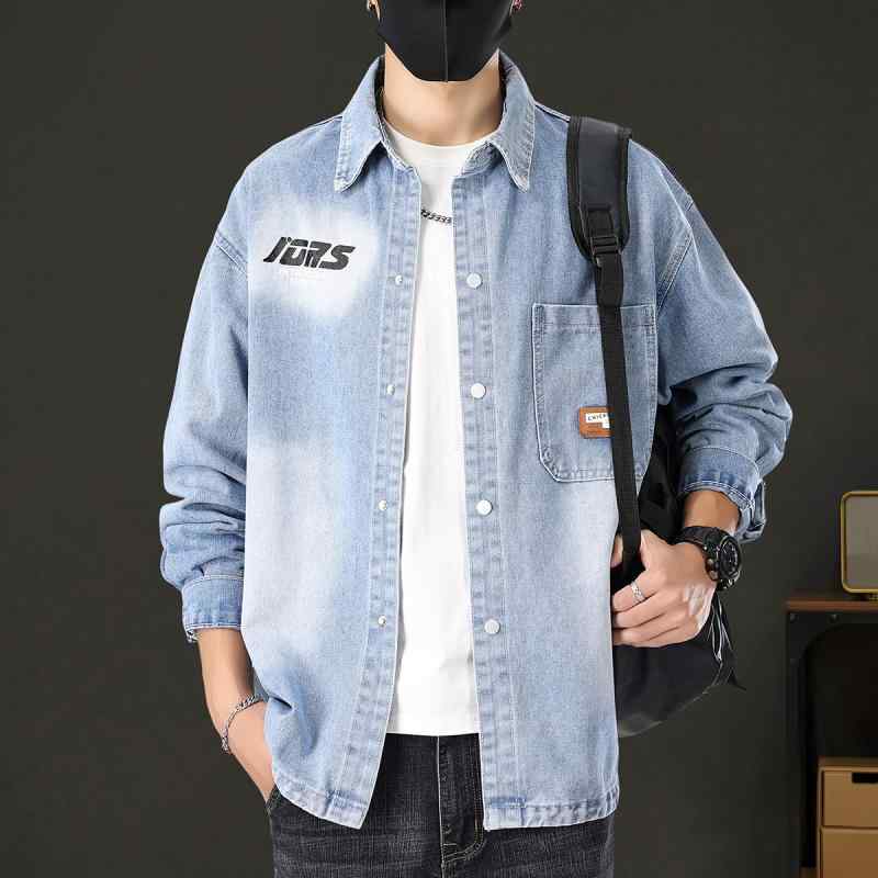 Rakuten - デニムジャケット メンズ 秋物 立襟 ゆったりサイズ 切り替えプリント 薄手 Gジャン 黒 グレー 浅い青 若者