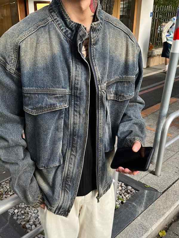ジャケット メンズ デニム 春秋 立襟 ブルゾン ゆったり 大きめポケット 普段使い デニムブルー