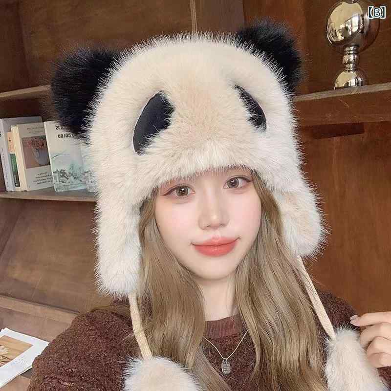 帽子 キッズ 女の子 男の子 パンダ かわいい 冬用 防寒 雷鋒帽 親子 お揃い 白 グレー ピンク系 ベージュ ブルー 5歳以上 水貂绒 保温 防風