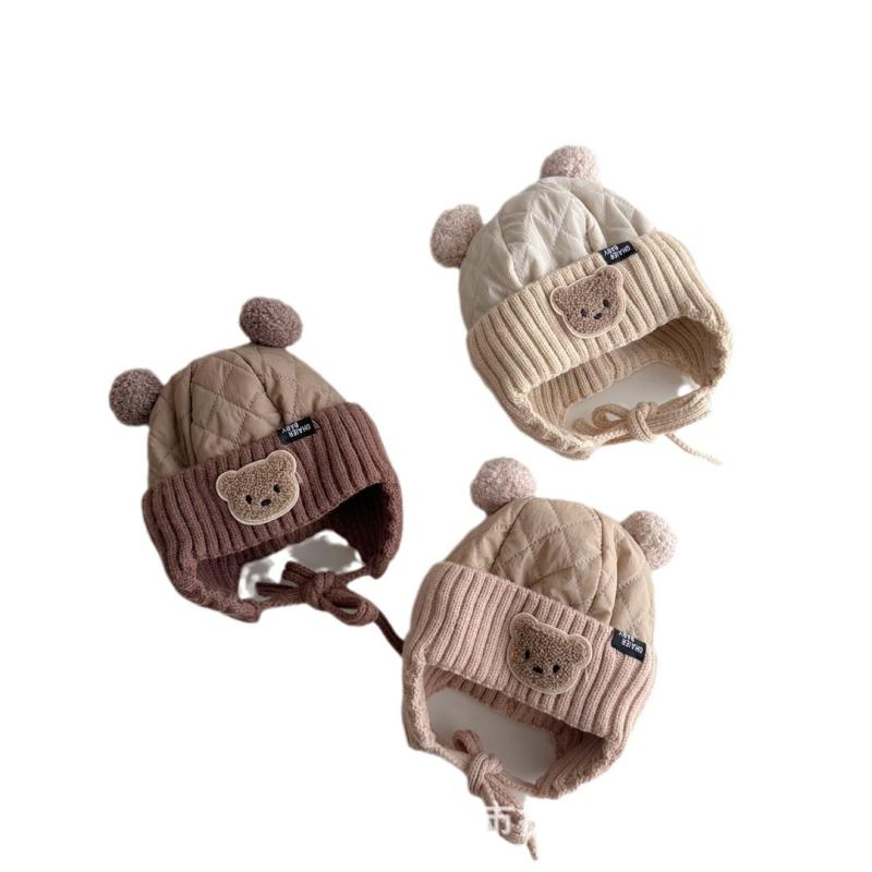 ベビー 帽子 男の子 防寒 加厚 裏ボア 紐付き クマ耳 ニット帽 秋冬 コーヒー色 カーキ アイボリー あ..