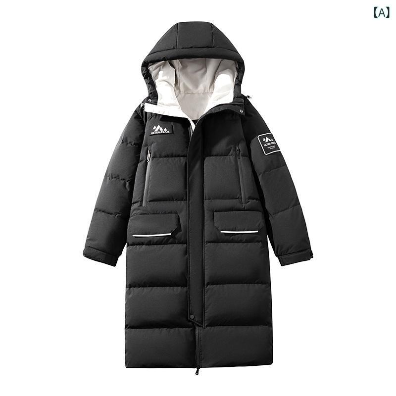 LINEAR shopの羽絨服 メンズ 男性用 ダウンジャケット 厚手 フード付き ロング丈 カジュアル 防寒 撥水 暖かい 黒 ブラック アイスブルー ベージュ 冬 秋冬｜アングル2