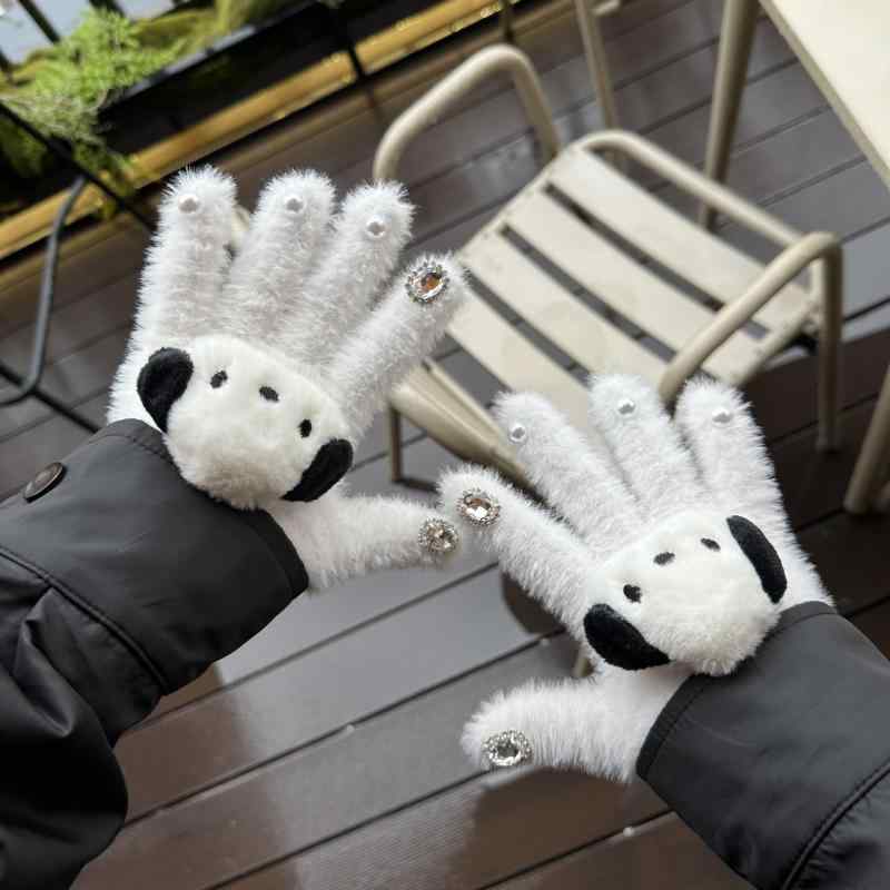 手袋 レディース かわいい パチャ犬 指なし ファー風 手袋 秋冬 防寒 保温 学生 自転車 バイク ホワイ..