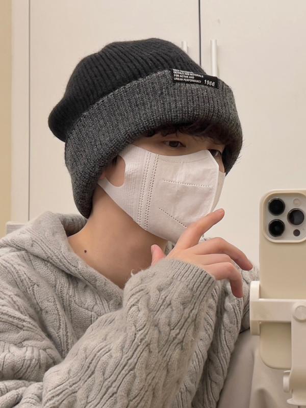 帽子 男性用 ニット帽 秋冬 防寒 保温 ビーニー ニットキャップ コットン あったか 大きいサイズ 英字 ブラック グレー