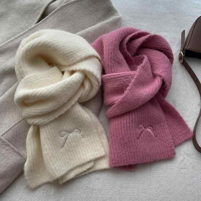 マフラー レディース ウール 蝶結び 無地 秋冬 保温 学生 ガーリー 海洋グリーン 湖ブルー 米ホワイト 桃色 ミルクティーカラー 向日葵色 ラベンダー色 コーヒー色 アイボリー ブラック アンコラレッド ダークグレー 抹茶色 中国赤 キャメル