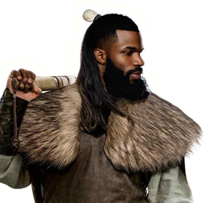 ショール メンズ フェイクファー ケープ 中世 戦士風 マント ハロウィン コスプレ 衣装 黒 白 本色 ア..