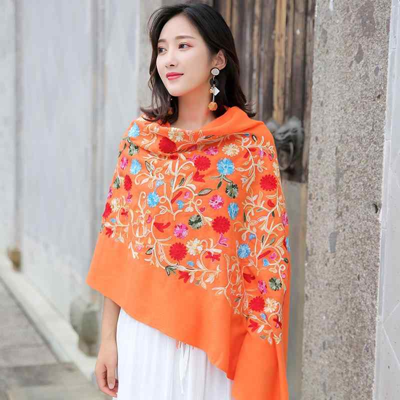 ショール レディース ストール 大判 刺繍 花柄 タッチ 民族風 ネパール チベット風 厚手 あったか 秋冬 防寒 ケープ ポンチョ 赤系(x2)
