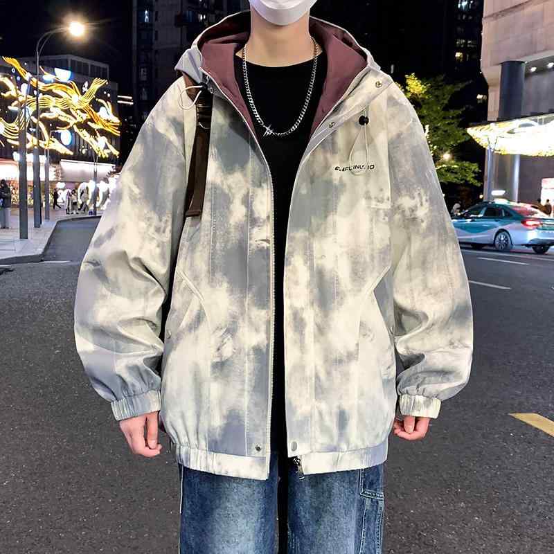 ジャケット メンズ 春秋 扎染 グラデーション ゆったり フード付き ブルゾン 作業着風 ポリエステル ブラック 杏色 カラメル 霧⾬(きりさめ)ブルー