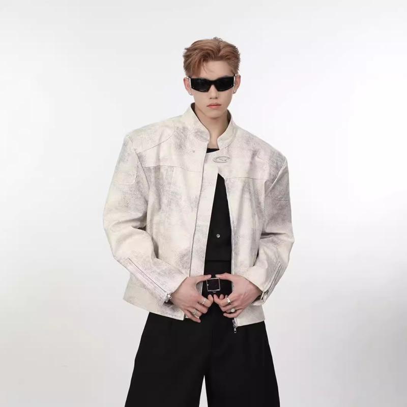 ジャケット メンズ 男性用 レザージャケット PUレザー 立襟 復古 ヴィンテージ風 ライダース 肩パッド付き ショート丈 ブルゾン 秋冬 白 黒