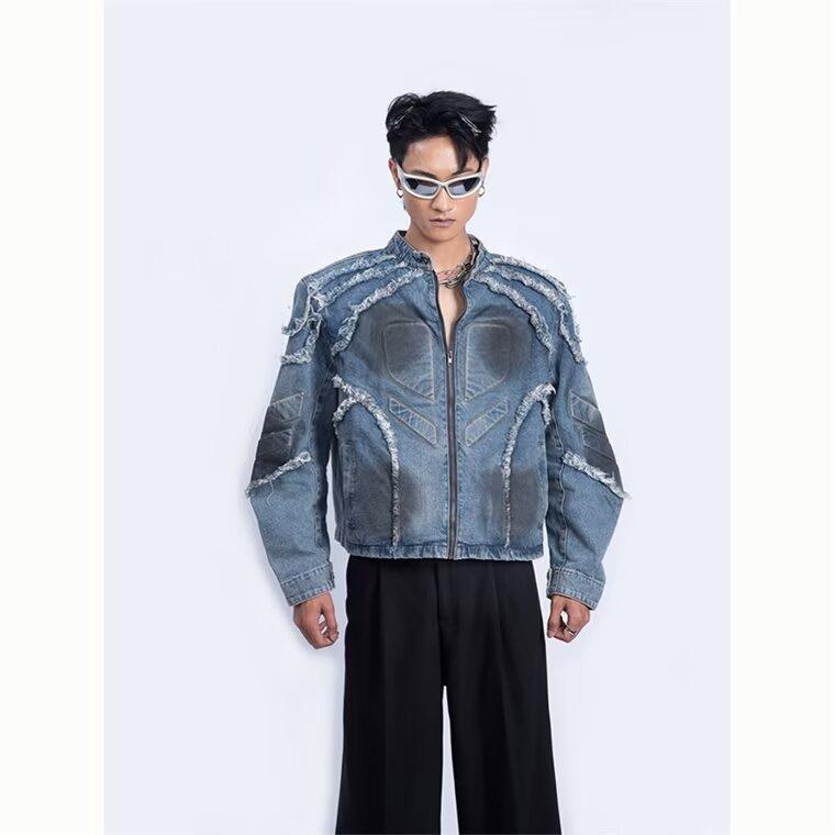 ジャケット メンズ デニム 立体浮彫 ウォッシュ加工 ダメージ加工 ゆったり ルーズ...