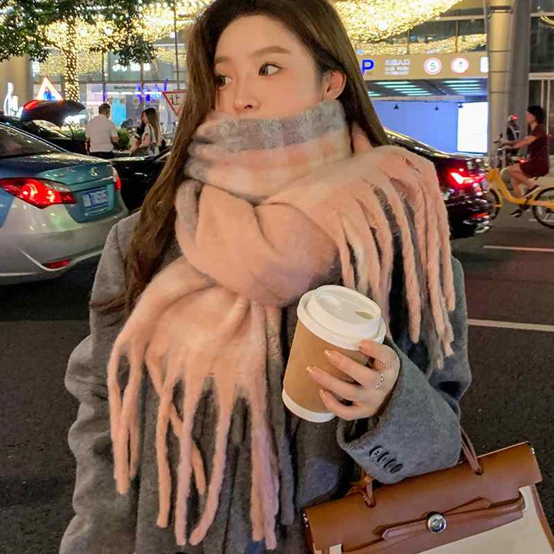 マフラー レディース メンズ 大判 厚手 格子柄 モヘア風 ブリティッシュ スタイル 防寒 ショール ピンク グレー系 秋冬(x2)