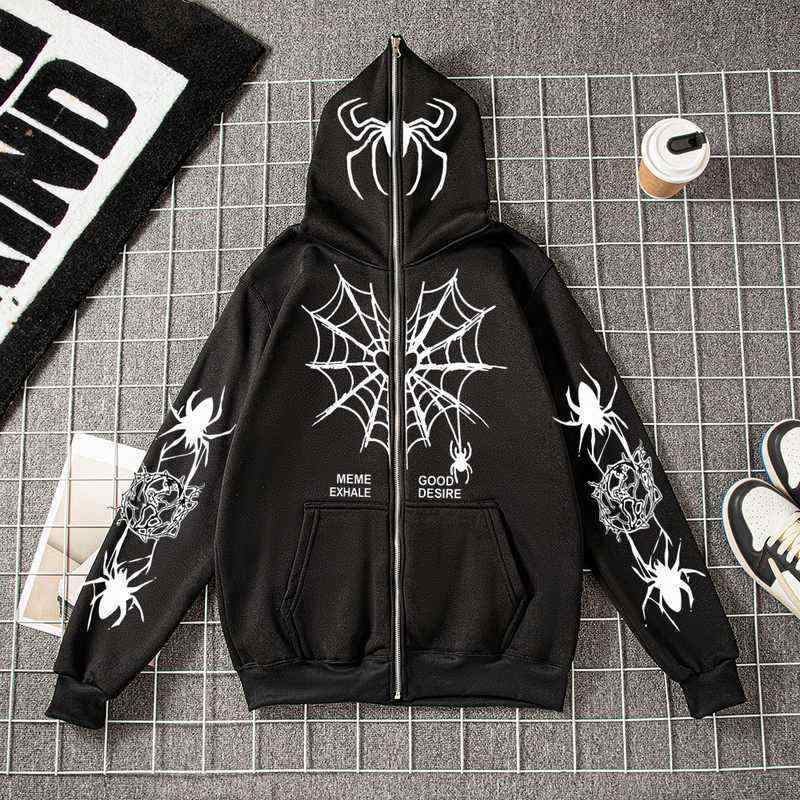 Wear - パーカー メンズ 男性用 長袖 ジップアップ フード付き スウェット スパイダープリント 70%ポリエステル 春秋 ルーズフィット カジュアル スタイル 白 グレー 黒 カーキ 緑 青 紫