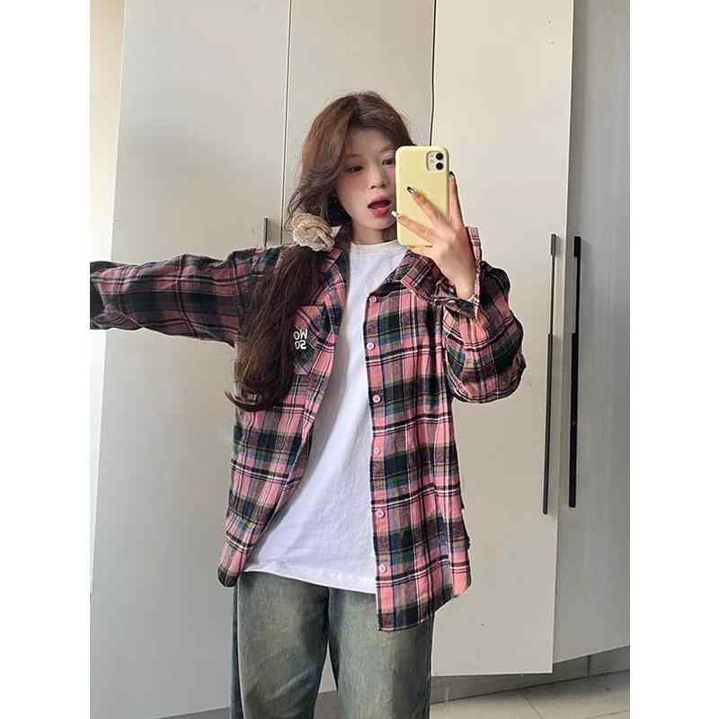 シャツ メンズ 男性用 アメリカン レトロ 格子柄 ピンク系 春秋 長袖 ネルシャツ カットオフ