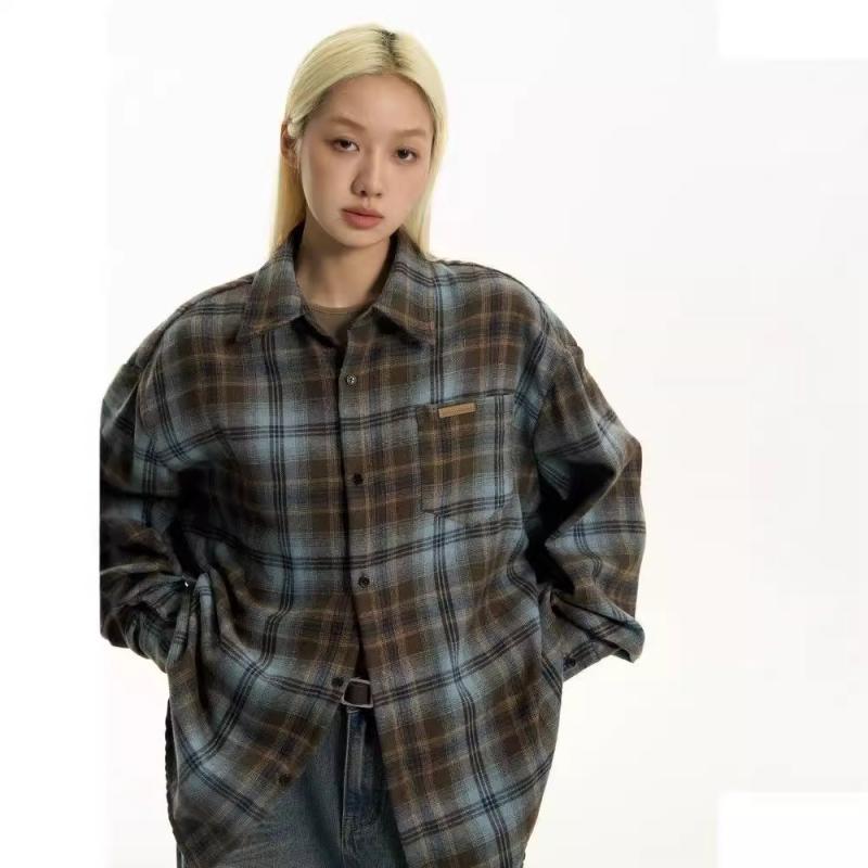 シャツ メンズ アメリカンレトロ 格子柄 ネルシャツ 長袖 トップス ルーズフィット 普段使い 春秋 グリーン ブルー ホワイト