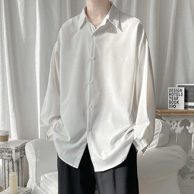 シャツ メンズ 長袖 春秋 韓国 ポリエステル混紡 トップス 普段使い 通勤用 白 黒 無地(x2)