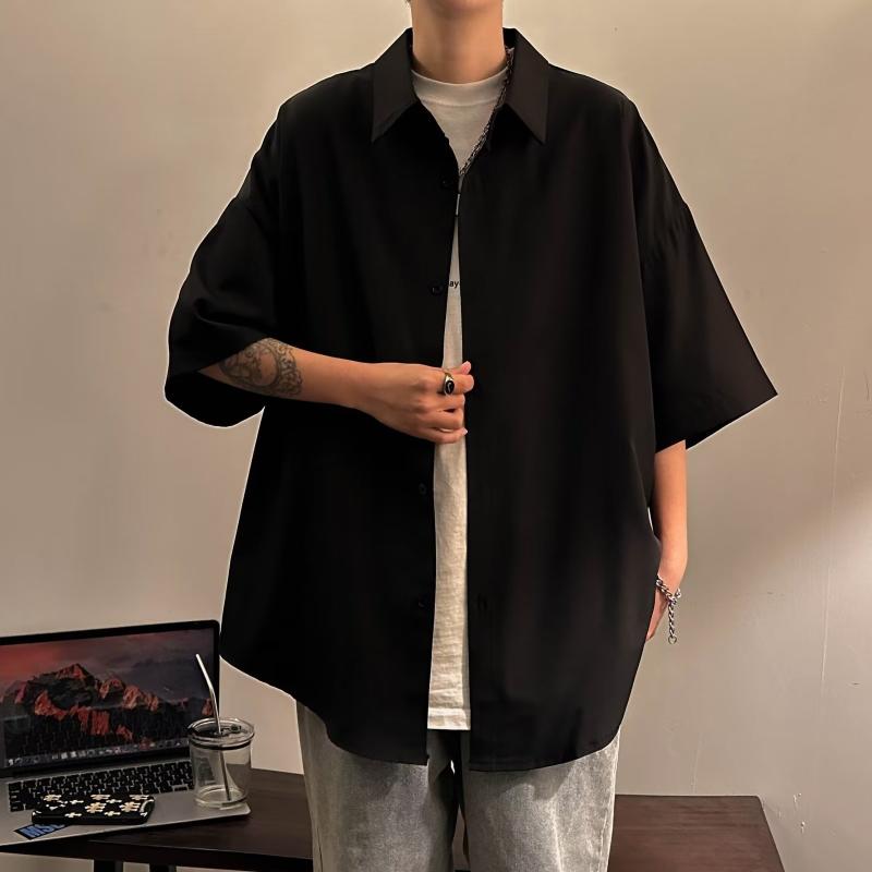 シャツ 男性用 トップス 長袖 コットンブレンド 韓国 スクエアネック 無地 薄手 羽織り 普段使い ブラック ホワイト グレー グリーン