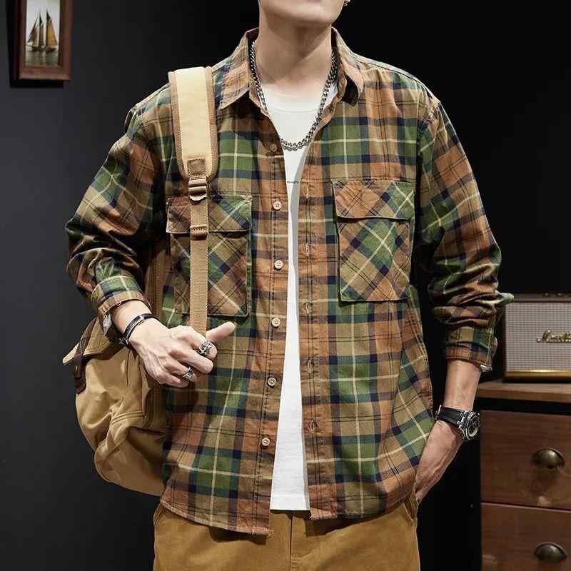 シャツ メンズ トップス 長袖 コットン 格子柄 ワーク 開襟シャツ 春秋 ルーズフィット ゆったり グレー グリーン