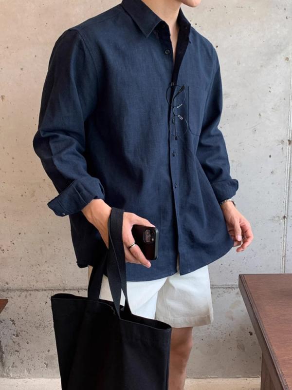 シャツ メンズ 長袖 ポリエステル 襟付き 無地 秋服 ゆったり カジュアル アウター トップス