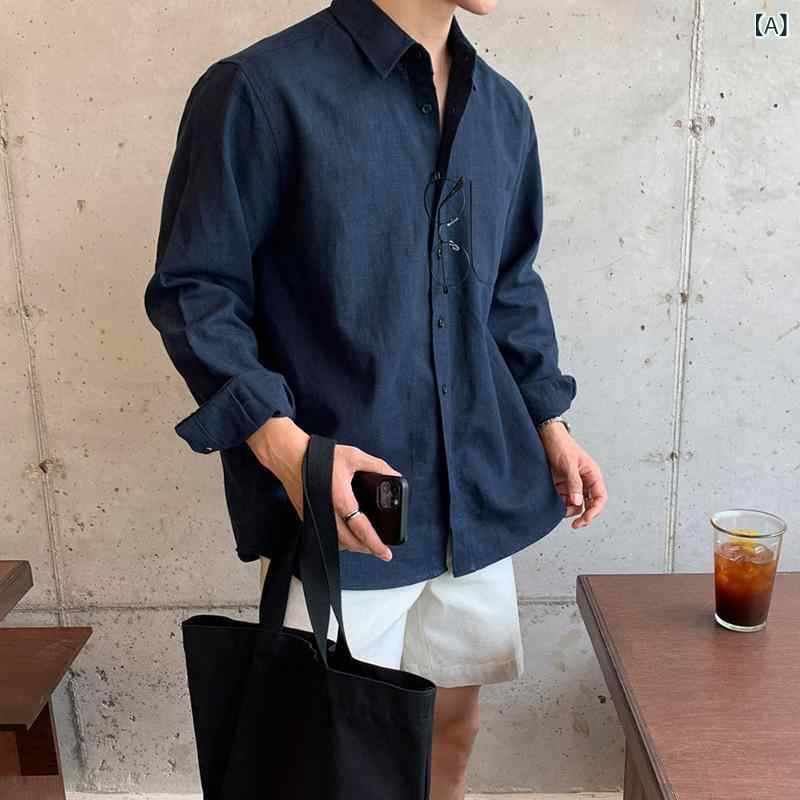 シャツ メンズ 長袖 ポリエステル 襟付き 無地 秋服 ゆったり カジュアル アウター トップス