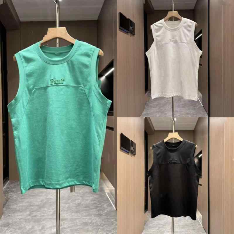 Tシャツ メンズ 男性用 サマー 無地 切り替え ラウンドネック 刺繍 ノースリーブ トップス 部屋着 普段使い ブラック ホワイト グリーン