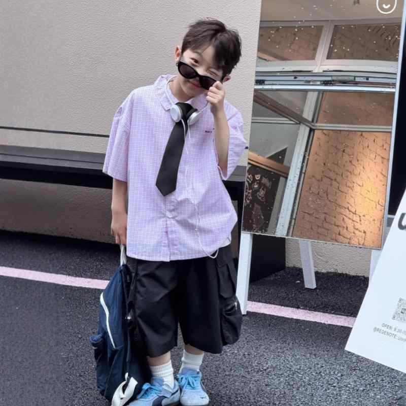 シャツ キッズ 男の子 半袖 ピンク系 格子柄 綿 トップス 100cm 110cm 120cm 130cm 140cm 150cm(x3)